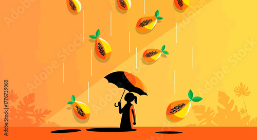 A Girl's Protective Journey During a Papaya Rain Shower With Umbrella And Orange Palette