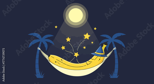 A Magical Banana Wearing A Wizard Hat Lounging In A Hammock Under The Moon