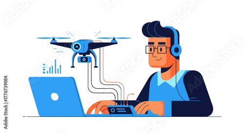 A Person Controls A Drone With Laptop Application For Data Analysis And Collection