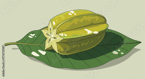 Cartoonish Illustration of Starfruit Resting on a Lush Green Leaf with Simple Soft Shadows