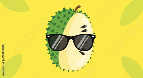 Cartoonish Durian Wearing Sunglasses Against a Vibrant Yellow Background Design