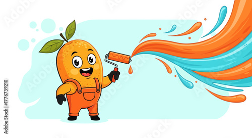 Cheerful Orange Character Creating Artistic Colorful Flowing Paint Streams on Light Blue Background