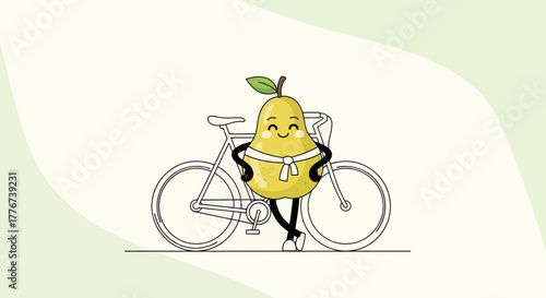 Cheerful Pear Character Stands Beside Stationary Bicycle with a Happy Smile
