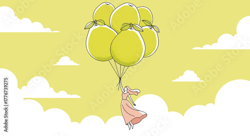 A Woman Floats Away Holding Fruit Balloons With a Yellow Sky Background