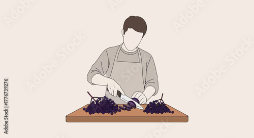 Chef Chopping Grapes on Wooden Board For Culinary Creation or Cooking Recipe