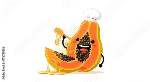 Chef Papaya Enjoying Honey with a Festive Celebration of Sweetness and Deliciousness