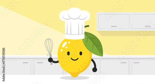 Chef Lemon In Kitchen Ready to Mix Ingredients for a Delicious Recipe with Whisk