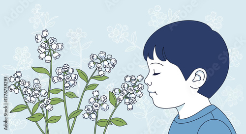 A Young Boy Inhaling Fragrant Lily of the Valley Blossoms With Pure Delight