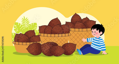 A Young Boy Exploring Exotic Fruits Salak in Woven Baskets With Bright Colors