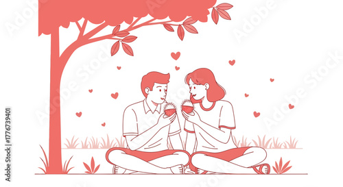 Couple Sharing Dessert Under a Tree, Enjoying a Moment of Romance and Sweetness