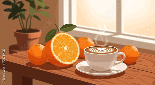 Aesthetic Composition: Delightful Cappuccino And Fresh Oranges On Wooden Surface