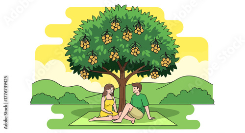 Couple Sitting Under Fruit Tree Enjoying Sunny Day Picnic in the Park Vector Illustration