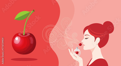 Aromatic Cherry Perfume: A Woman Enjoys a Vibrant, Fruity Essence in a Modern Art Style
