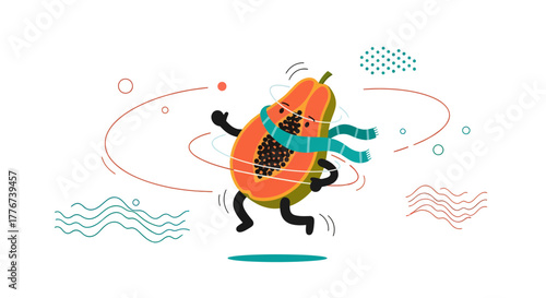 Animated Papaya Character Joyfully Dancing While Wearing a Scarf Amidst Whimsical Graphic Elements