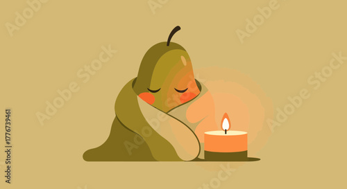 Cozy Pear Wrapped In a Blanket of Warmth Next to a Burning Candle for Illustration
