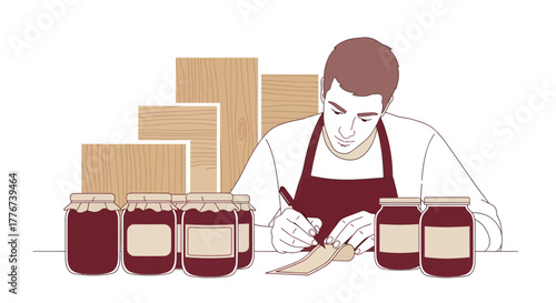 Artisan Preserving Recipe: A Man Labeling Conserved Jars Ready For Sale And Storage