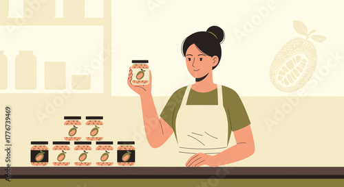 Artisanal Jam Creation: Woman Showcases Delicious Fruit Preserve Jars For Sale at Market