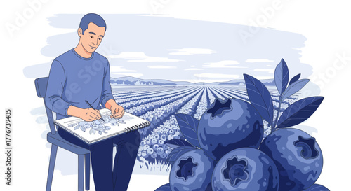 Artist Sketching Blueberries, Illustrating Rural Cultivation, Capturing Farm Life, Artistic