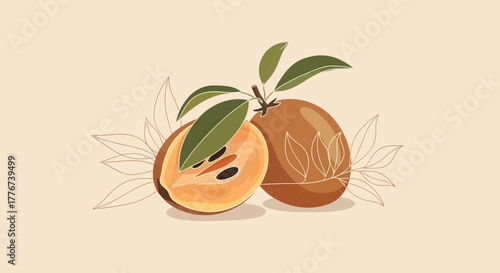 Artistic Illustration Of Sapodilla Fruit With Leaves And A Minimalist Beige Background