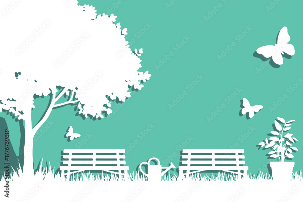 Naklejka premium tree bench park garden papercut vector illustration silhouette teal background