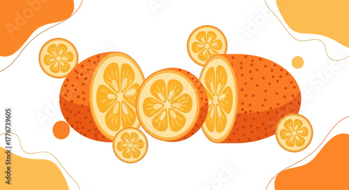 Creative Arrangement of Freshly Sliced Kumquats on Abstract Orange Backgrounds