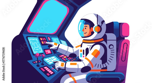 Astronaut Navigating Spacecraft Controls, Futuristic Design, Exploration and Technology
