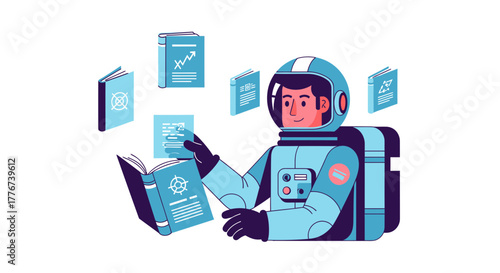 Astronaut Reading Books In Space, Knowledge and Information In The Cosmos, Science Concept