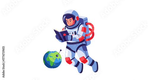 Astronaut Reading Above Earth: Illustrated Space Exploration and Global Information