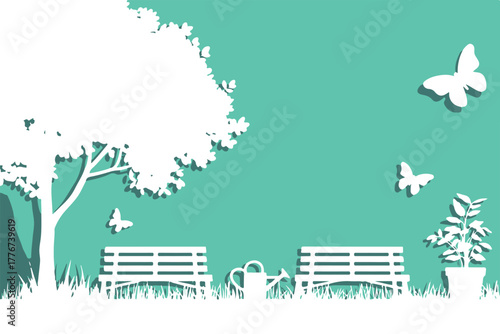 tree bench park garden papercut vector illustration silhouette teal background
