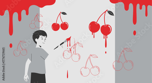 Creative Artwork Depicts a Person Painting Cherry Designs on a Wall with Red Paint