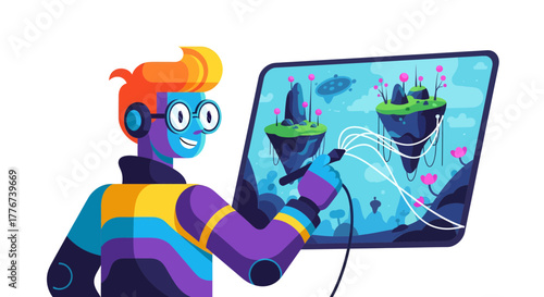 Creative Character Illustrating Fantasy Art Elements Via Digital Tablet Stylus Graphics