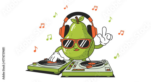 Avocado Dj Wearing Sunglasses and Headphone Playing Music on a Turntable Setup