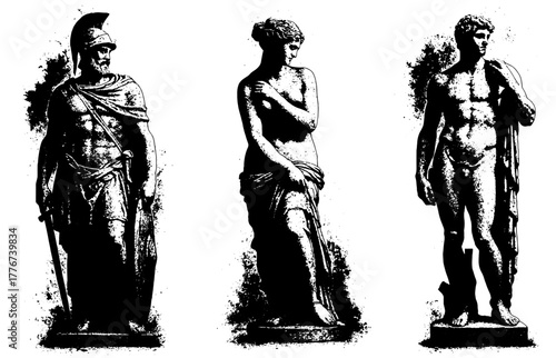 Ancient statues set, xerography halftone art, photocopy minimalism, vintage sculpture illustration