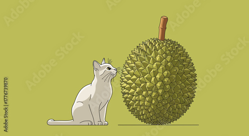 Curious Cat Intrigued By The Unusual Fruit, The Spiky Durian And Its Aroma