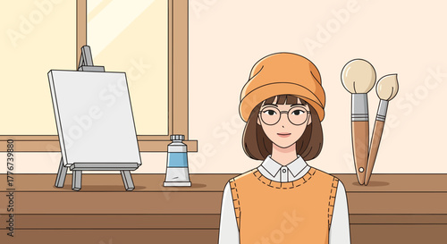 Cute Artist Smiling, Ready To Paint In Her Cozy Light-Filled Studio With Supplies