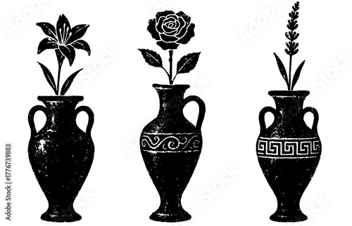 Ancient vases with flowers set, xerography halftone photocopy art, black and white minimal collection, isolated on transparent background