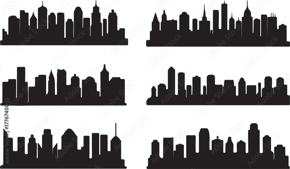 Fototapeta premium skyline city silhouettes six vector skyline icons in simple outline set