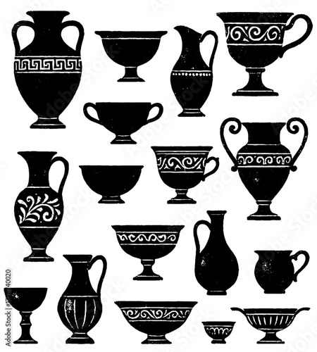 Ancient greek pottery collection, xerography halftone minimal art, vintage photocopy illustration, isolated on transparent background
