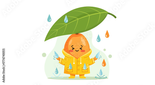 Cute Citrus Person Sheltering Under a Leaf From Raindrops in a Cheerful Scene