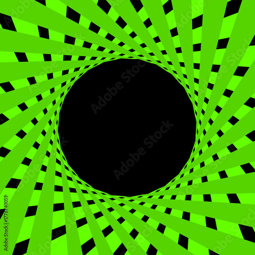 Green spiral frame background.  Sunburst with black circle copy space in the center.