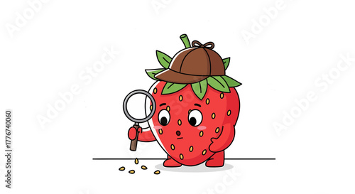 Cute Cartoon Strawberry Detective Examining Seeds With A Magnifying Glass