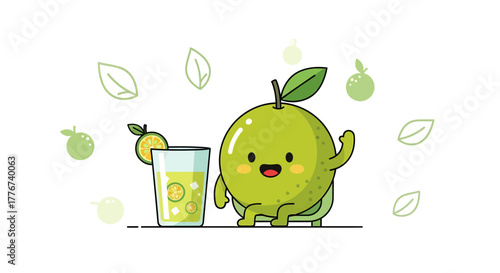 Cute Citrus Character Enjoying Fresh Juice, Smiling and Happy, With Refreshing Design