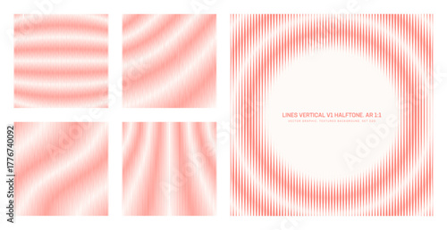 Assorted vector vertical lines light red halftone pattern set in square 1:1 aspect ratio including striped round frame and various distorted textures. Different half tone graphics design elements pack