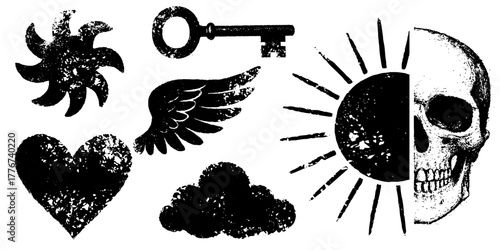 Minimal symbolic elements set, xerography halftone photocopy collage art, black and white surreal symbols, isolated on transparent background