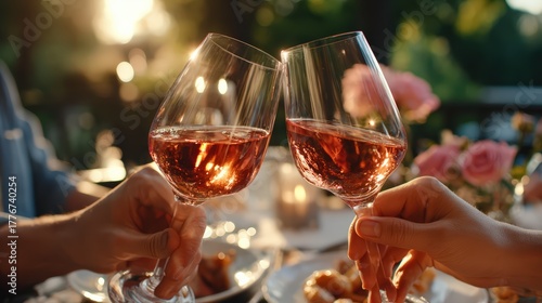 Romantic Toast with Rosé Wine at Sunset Dinner