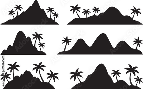 tropical mountain scene palm trees horizon tropic island vector set