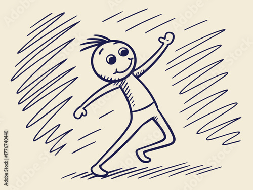 Vector illustration, Cheerful character happily walking and waving in a playful doodle style