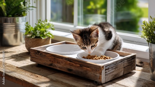 Kitten Eating Food from Bowl by Sunny Window