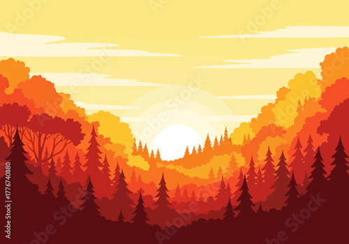 Stylized sunset over a dense forest of coniferous and deciduous trees in autumn colors