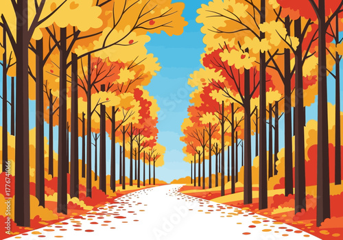 Treelined path with vibrant autumn foliage under a clear blue sky